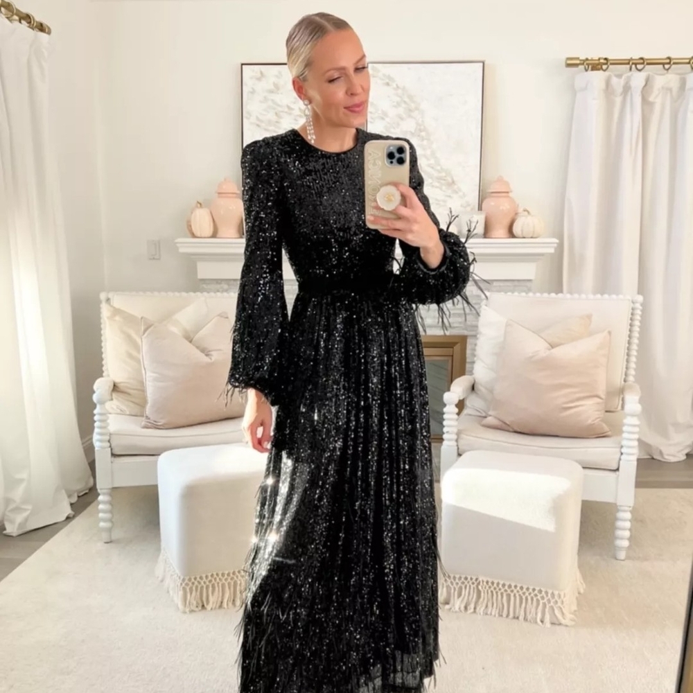 Nicola Bathie X Antonio Milani Black Sequin And Feathers Evening Dress